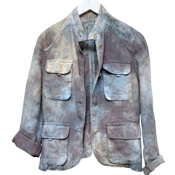 Pure Linen Utility Jacket Medium Blue Purple Tie Dye Cargo Womens Artsy Boho - Picture 4 of 12